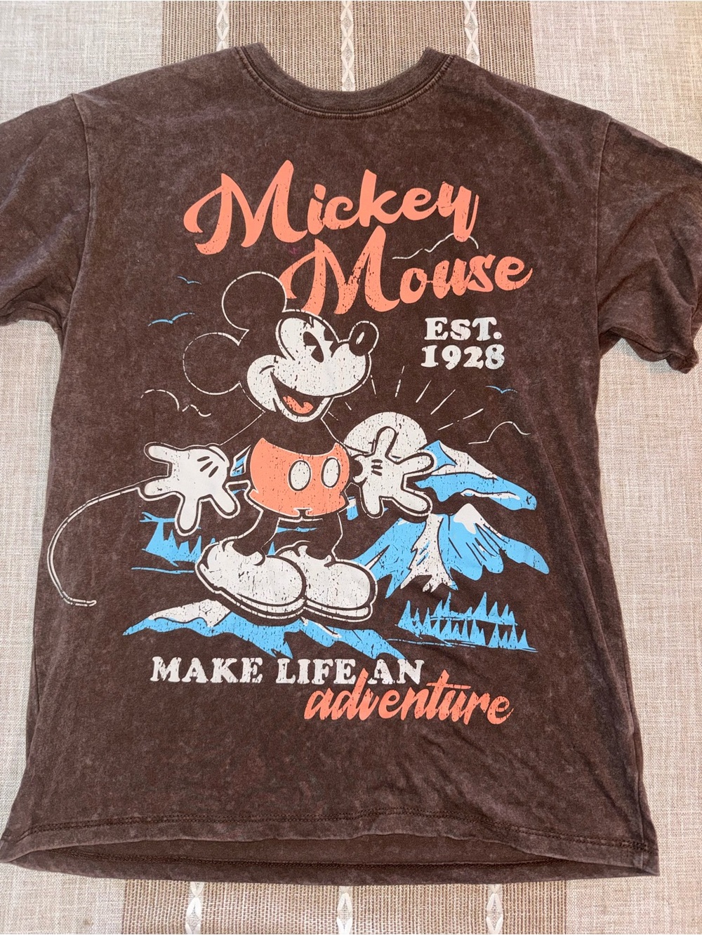 Disney Brown Mickey Mouse Graphic Tee with Coral and Blue Accents
